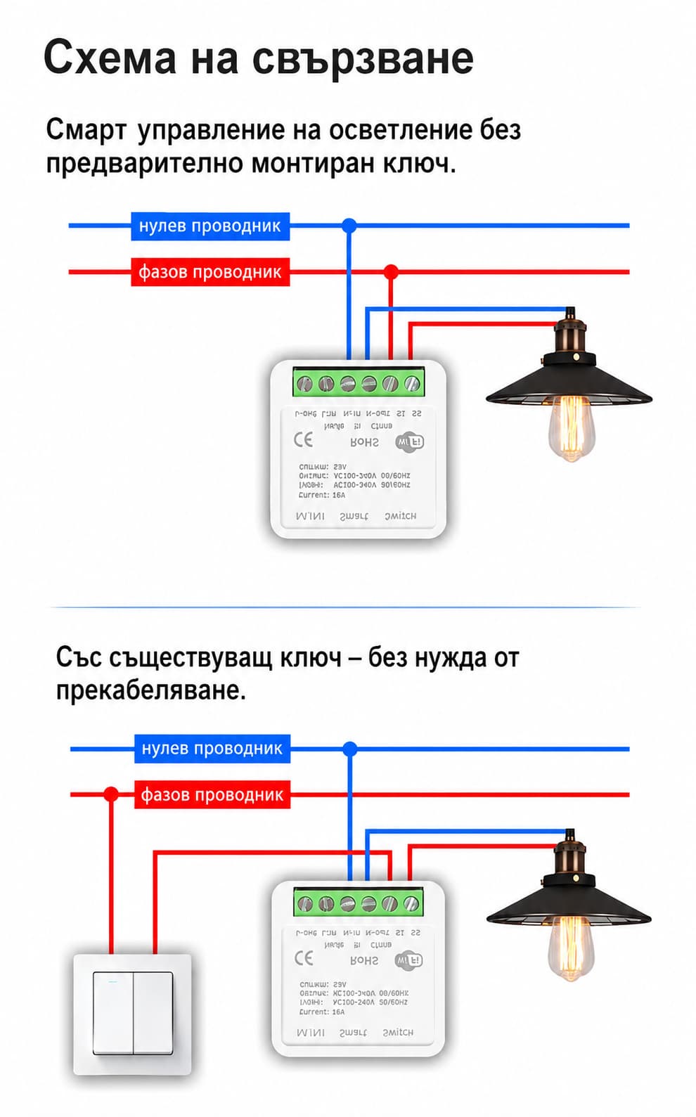 Mini Smart Switch WiFi 16A – монтаж в кутия